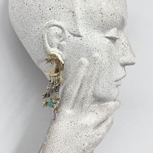 Vintage Tabra Earrings Half Moon Stars Turquoise Purple Fluorite Amethyst Dangle